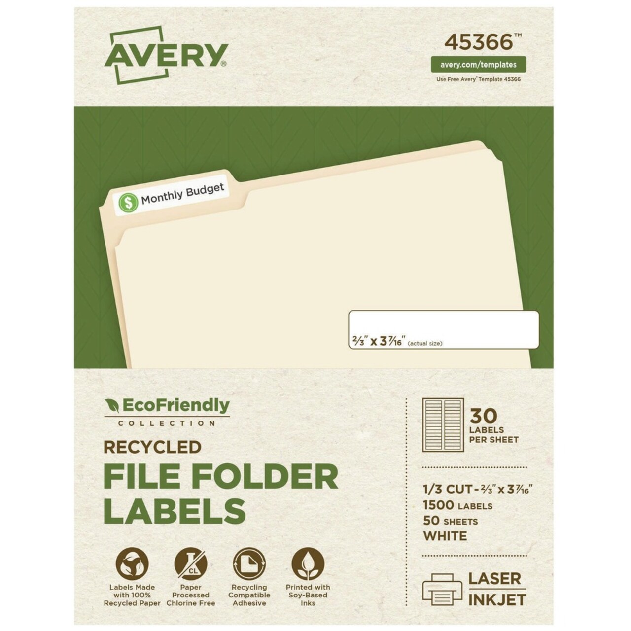 Avery 0.66 in. x 3.44 in. EcoFriendly Permanent File Folder Labels - White (30/Sheet, 50 Sheets/Box)